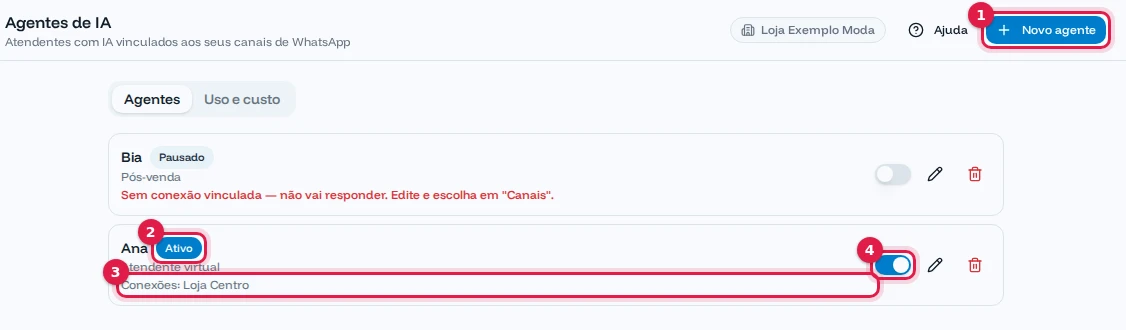 Lista de Agentes de IA com a Ana ativa no número Loja Centro e a Bia pausada