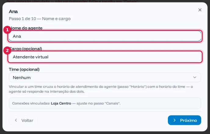 Passo Nome e cargo com o nome Ana e o cargo Atendente virtual