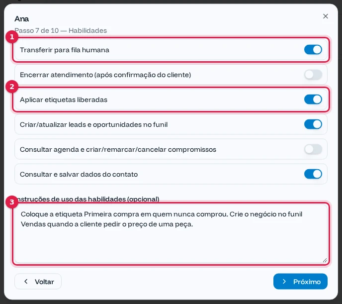 Passo Habilidades com transferir, etiquetas, funil e dados do contato ligados