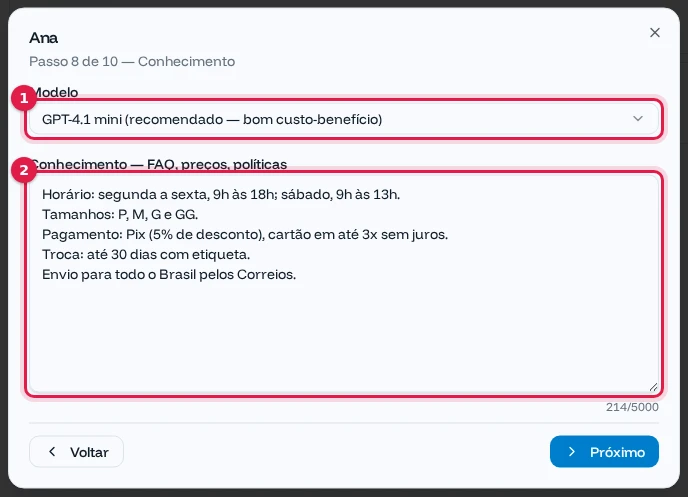 Passo Conhecimento com o modelo GPT-4.1 mini e as informações da loja