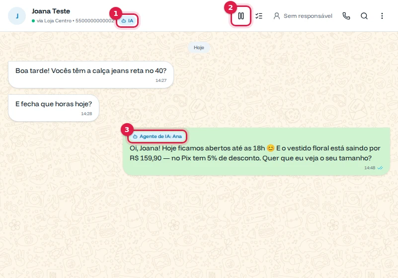 Conversa da Joana com o selo IA, o botão de pausa e a resposta da agente Ana