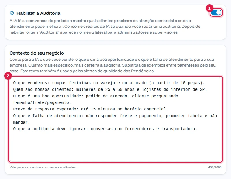 Configurações da Auditoria habilitada, com o contexto de uma loja de roupas