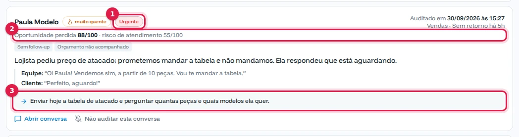 Cartão da Paula Modelo: muito quente, urgente, oportunidade perdida 88/100, com resumo e próxima ação