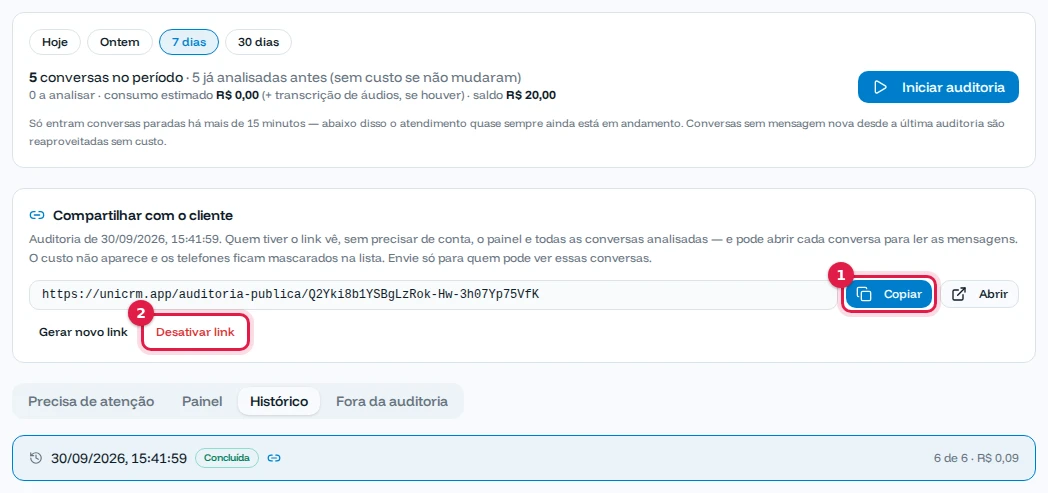 Compartilhar com o cliente: link gerado com os botões Copiar, Abrir, Gerar novo link e Desativar link