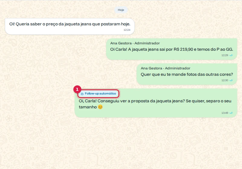 Conversa da Carla com a mensagem de follow-up automático e o selo