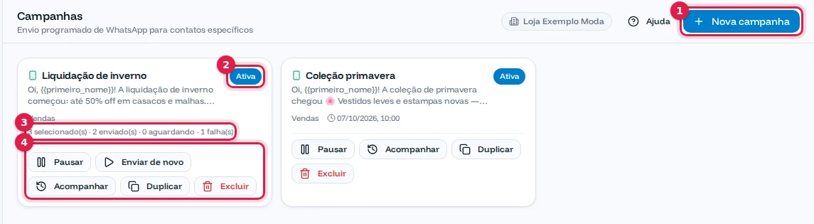 Tela de Campanhas com as campanhas Liquidação de inverno e Coleção primavera