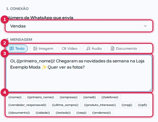 Seções Conexão e Mensagem da nova campanha, com o número Vendas, o tipo Texto, a mensagem e as variáveis