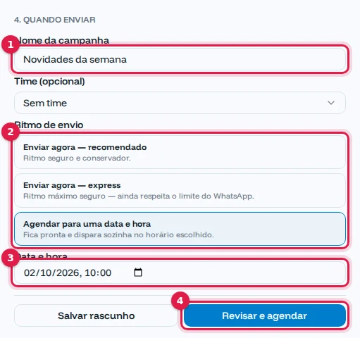 Seção Quando enviar com o nome Novidades da semana, a opção Agendar para uma data e hora e o botão Revisar e agendar