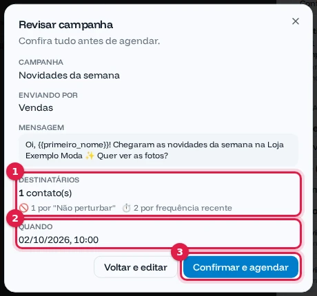 Janela Revisar campanha com 1 contato, as exclusões e a data de envio