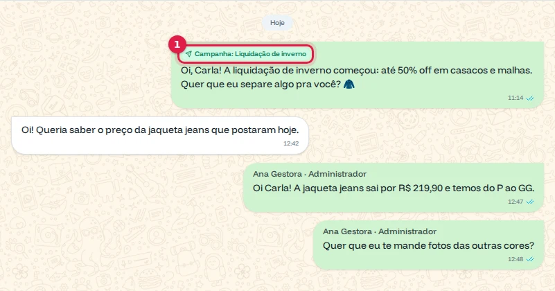 Conversa da Carla com a mensagem da campanha Liquidação de inverno e o selo