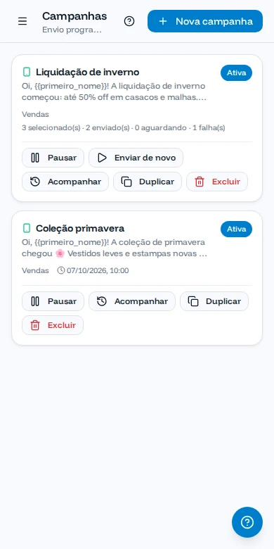 Tela de Campanhas no celular