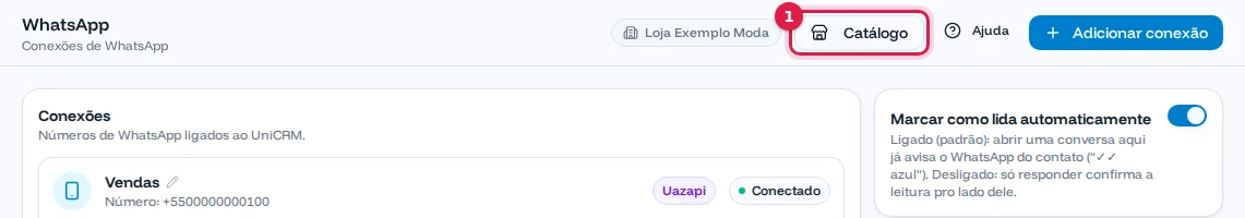 Tela de conexões de WhatsApp com o botão Catálogo destacado