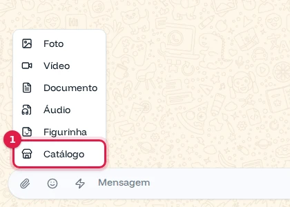 Menu do clipe com Foto, Vídeo, Documento, Áudio, Figurinha e Catálogo