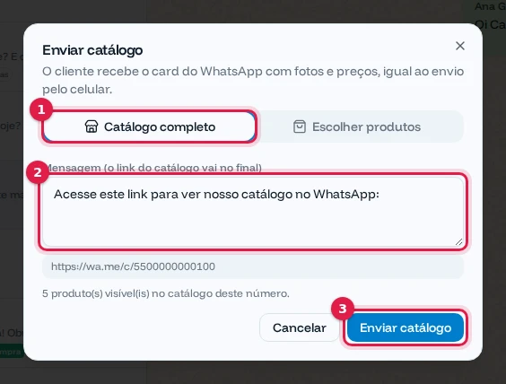 Janela Enviar catálogo na aba Catálogo completo