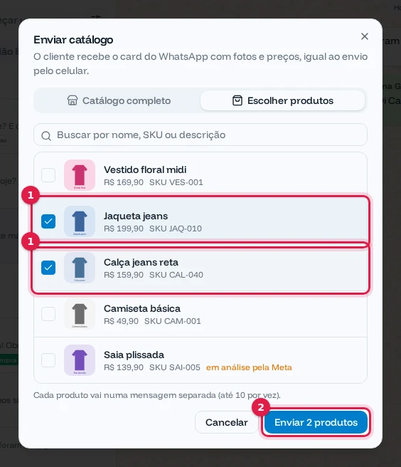 Janela Enviar catálogo na aba Escolher produtos com Jaqueta jeans e Calça jeans reta marcadas