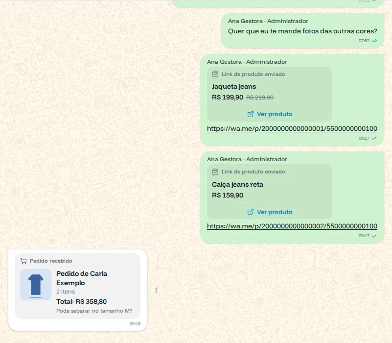 Conversa com dois produtos enviados e um pedido recebido de 2 itens, total R$ 358,80