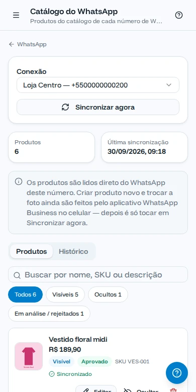 Tela do Catálogo do WhatsApp no celular