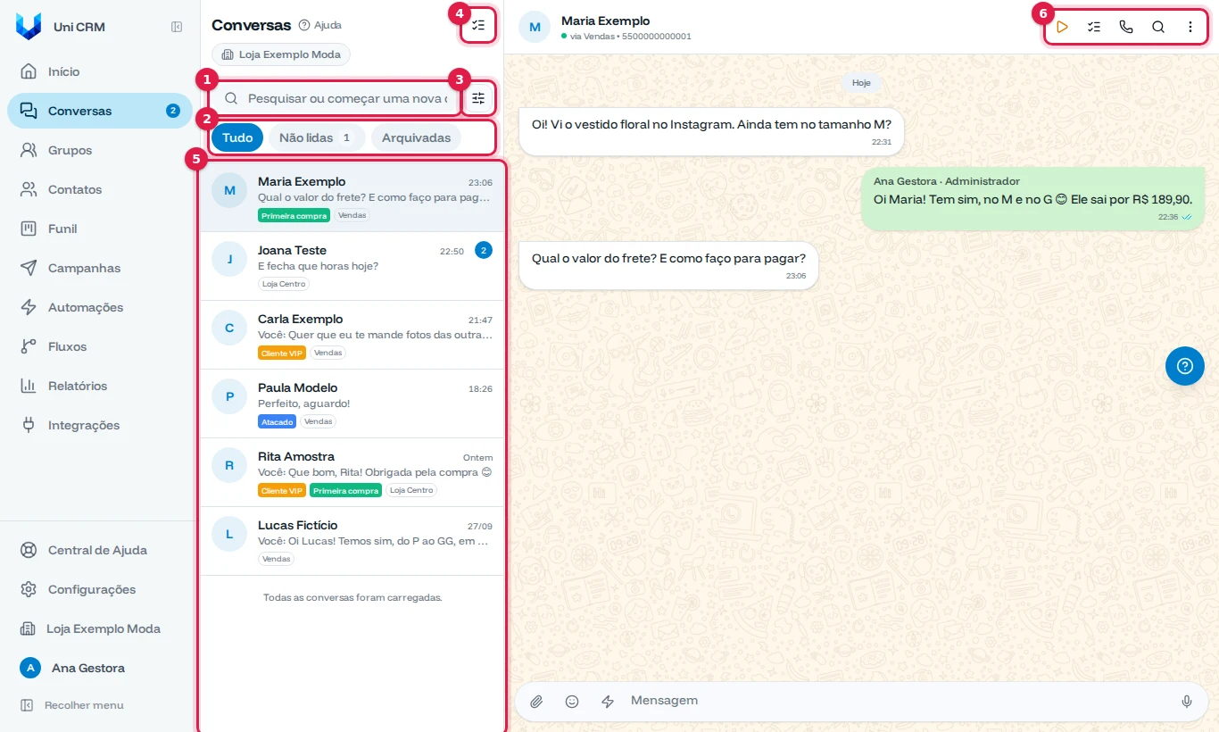 Tela de Conversas com a busca, as abas, os filtros, a seleção, a lista e os botões da conversa aberta destacados