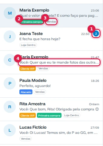 Lista de conversas com o contador de não lidas, uma etiqueta, o número de WhatsApp e o prefixo Você destacados