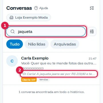 Busca pela palavra jaqueta mostrando a conversa da Carla com o trecho da mensagem