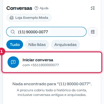Busca com um número de telefone e a opção Iniciar conversa
