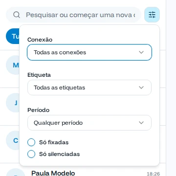Janela de filtros com Conexão, Etiqueta, Período, Só fixadas e Só silenciadas