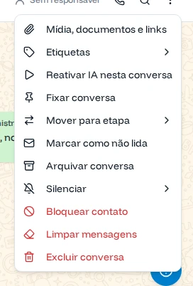 Menu da conversa com Mídia, Etiquetas, IA, Fixar, Mover para etapa, Marcar como não lida, Arquivar, Silenciar, Bloquear, Limpar mensagens e Excluir