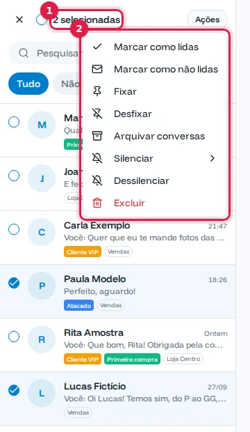 Seleção de duas conversas com o menu Ações aberto