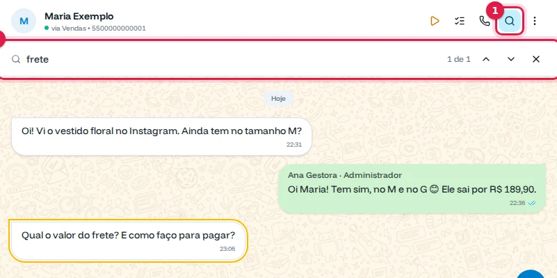 Busca dentro da conversa pela palavra frete com a mensagem encontrada destacada