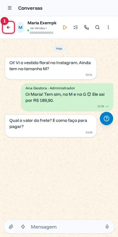 Conversa aberta no celular com a seta de voltar destacada