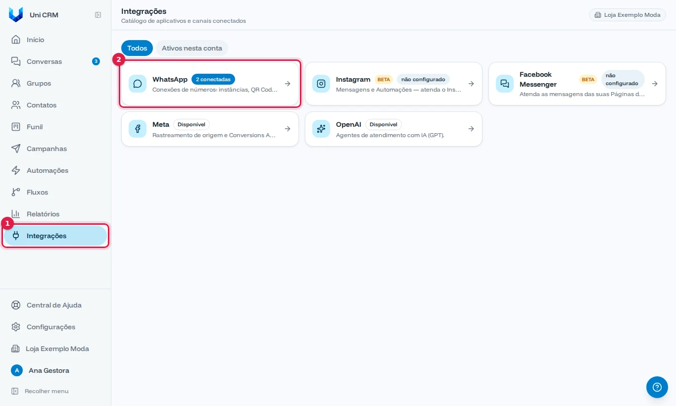 Tela de Integrações com o cartão WhatsApp destacado