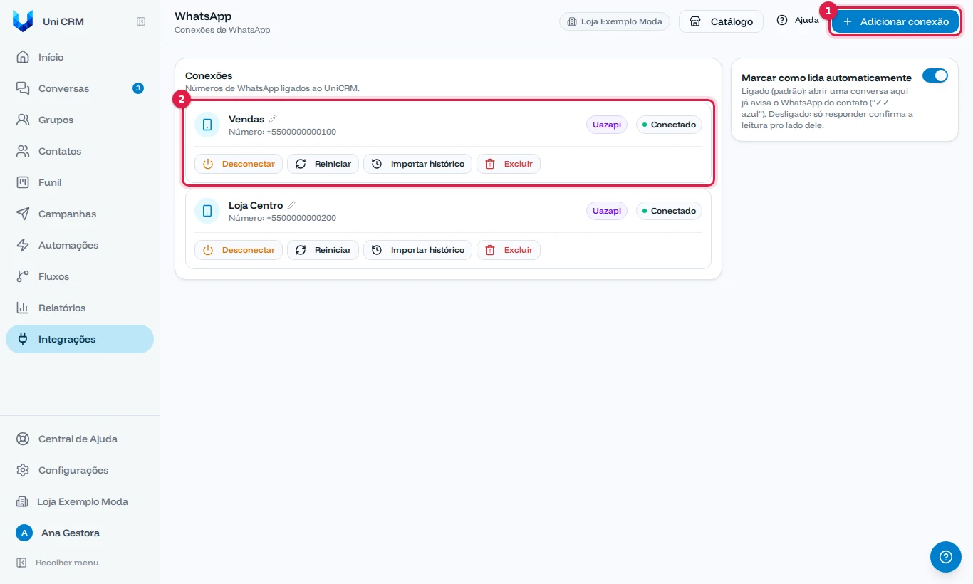 Tela de conexões de WhatsApp com o botão Adicionar conexão e a conexão Vendas