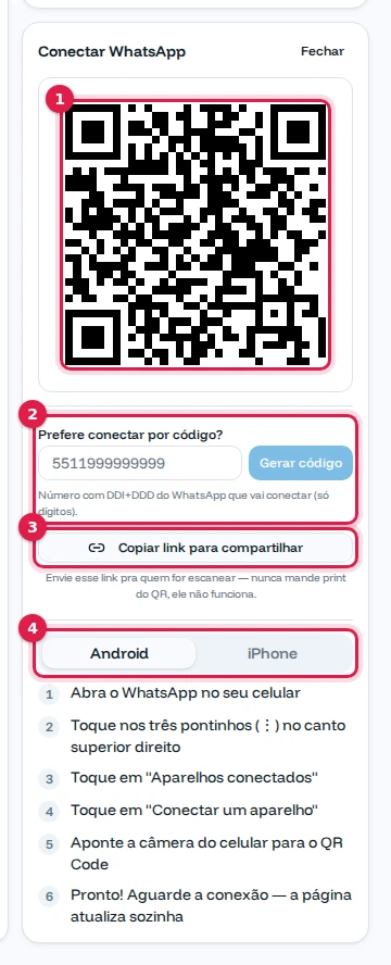Painel Conectar WhatsApp com QR Code, conexão por código, link para compartilhar e instruções