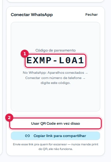 Painel com o código de pareamento EXMP-L0A1 e o botão Usar QR Code em vez disso