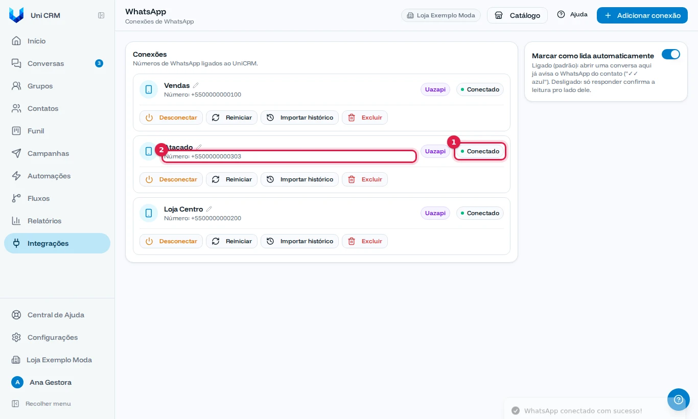 Conexão Atacado com status Conectado e o número exibido