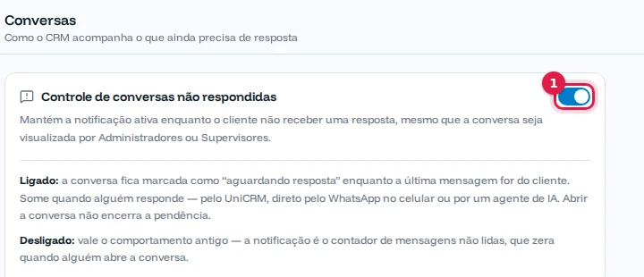 Configurações de Conversas com o controle de conversas não respondidas ligado