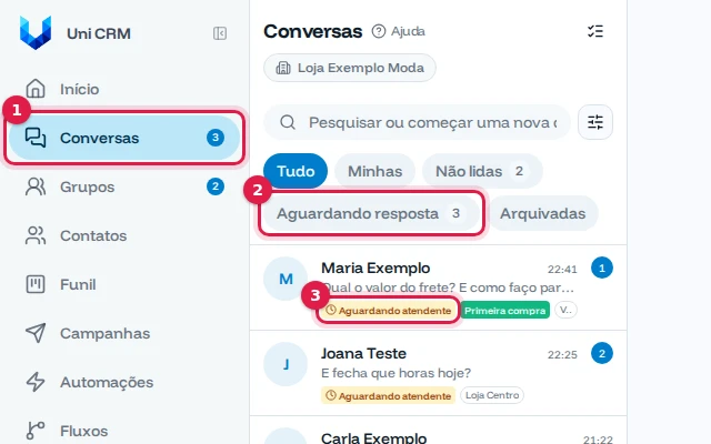 Menu com o número de conversas aguardando, o filtro Aguardando resposta e o selo Aguardando atendente
