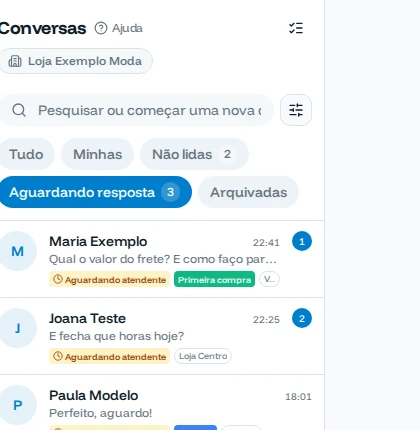 Filtro Aguardando resposta mostrando só as conversas de Maria, Joana e Paula