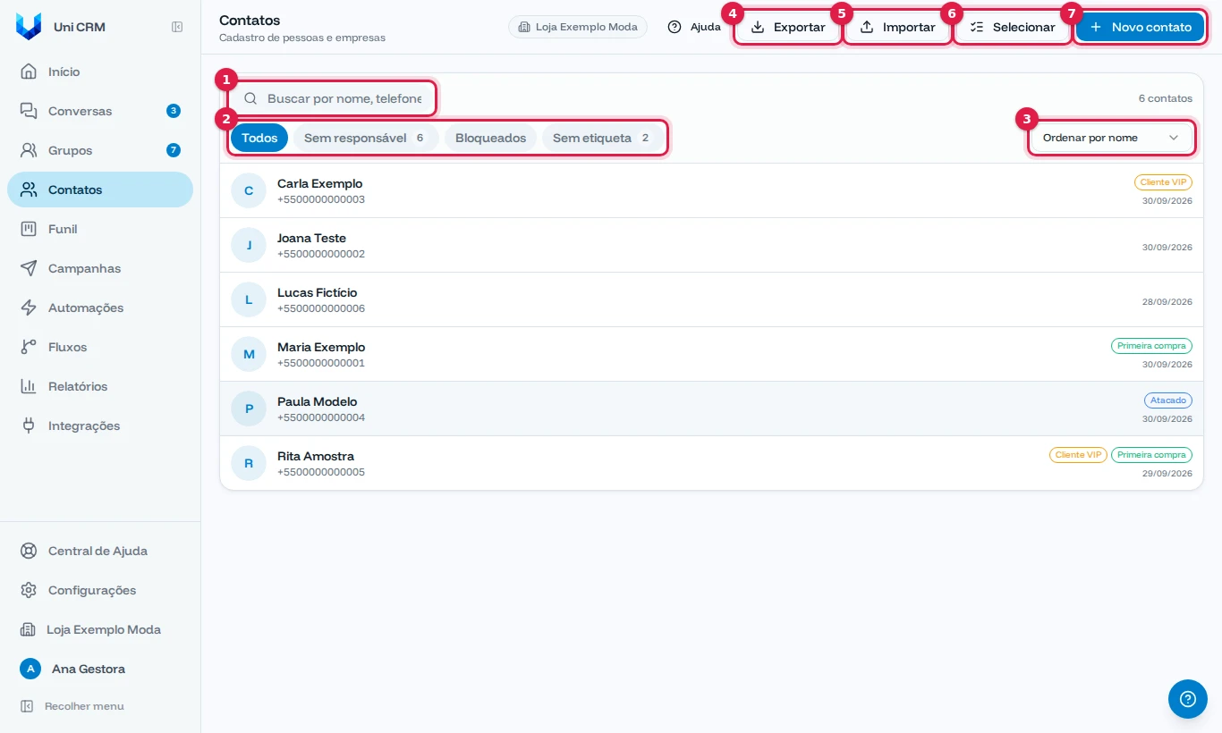 Tela de Contatos com busca, filtros, ordenação, Exportar, Importar, Selecionar e Novo contato destacados