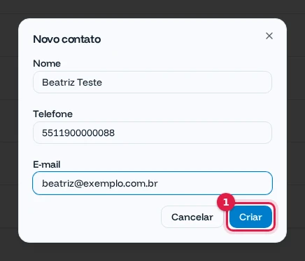 Janela Novo contato com nome, telefone e e-mail preenchidos