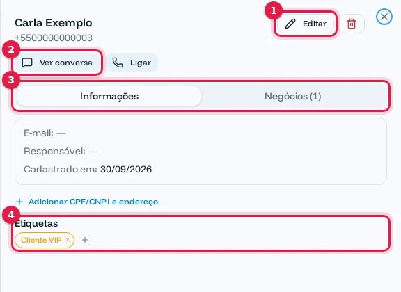 Ficha do contato com Editar, Ver conversa, Ligar, abas e etiquetas destacados