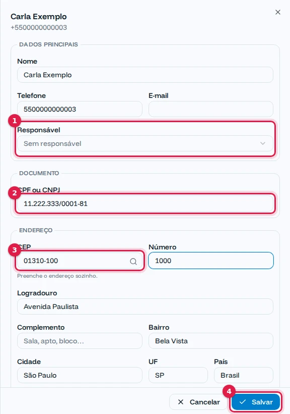 Formulário de edição com responsável, CNPJ e CEP preenchidos e o endereço completado sozinho