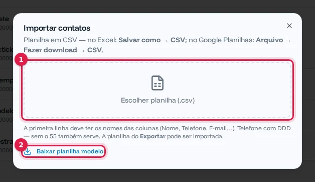 Janela Importar contatos com o botão Escolher planilha e o link Baixar planilha modelo