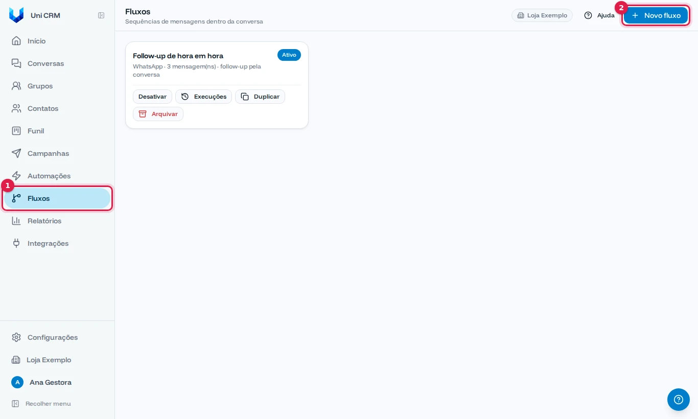 Tela Fluxos com o menu Fluxos e o botão Novo fluxo destacados