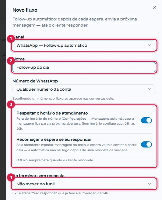 Formulário do novo fluxo com canal, nome e opções destacados