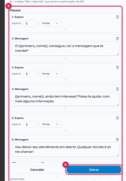Lista de passos com esperas e mensagens e o botão Salvar destacados