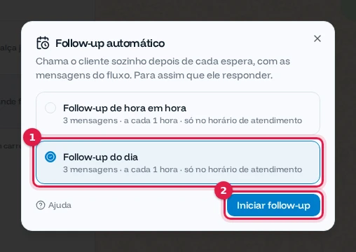 Janela Follow-up automático com uma sequência selecionada e o botão Iniciar follow-up