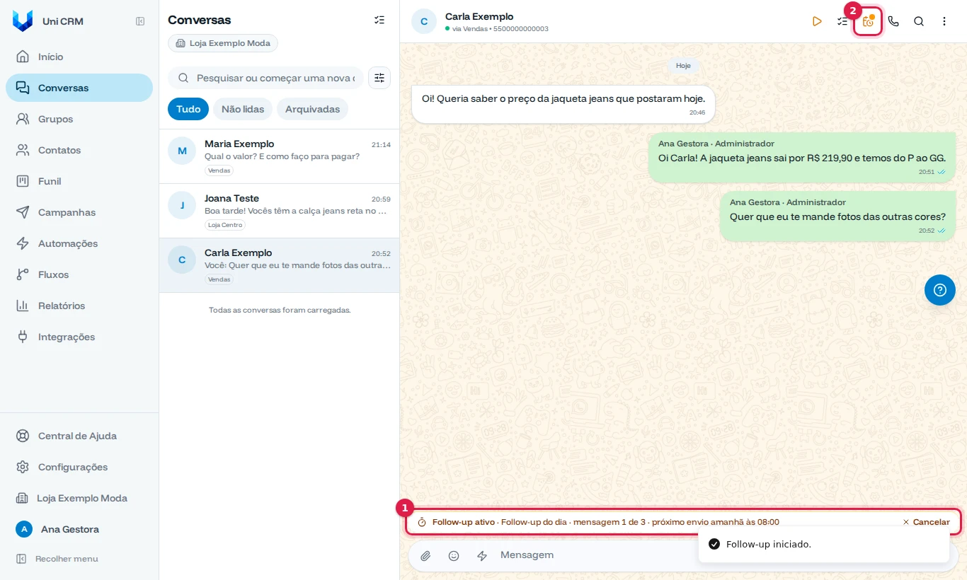 Conversa com a faixa Follow-up ativo e o ícone aceso destacados