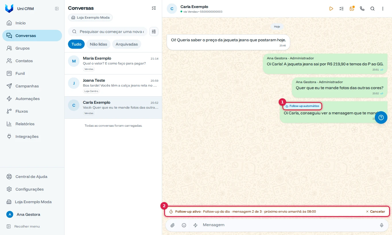 Conversa com a mensagem automática e o selo Follow-up automático