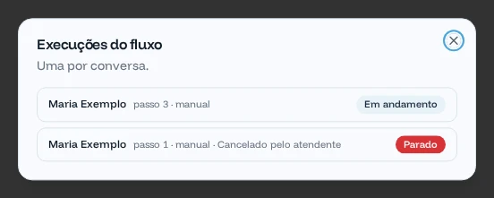 Janela Execuções do fluxo com uma em andamento e uma parada